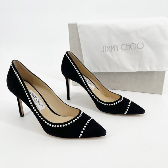 Jimmy Choo Black Suede Pearl Studded Romy Pointed Toe Stiletto Heel Pump IT 38.5 - Picture 1 of 12